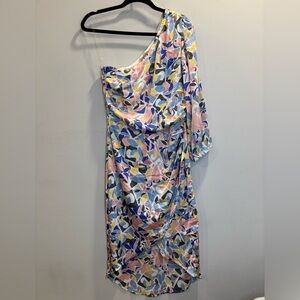 Entro One Shoulder Wrap Midi Dress Large Pink Blue High Low Hem Wedding Guest